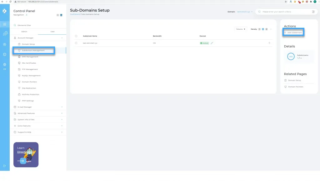Chọn Subdomain Management