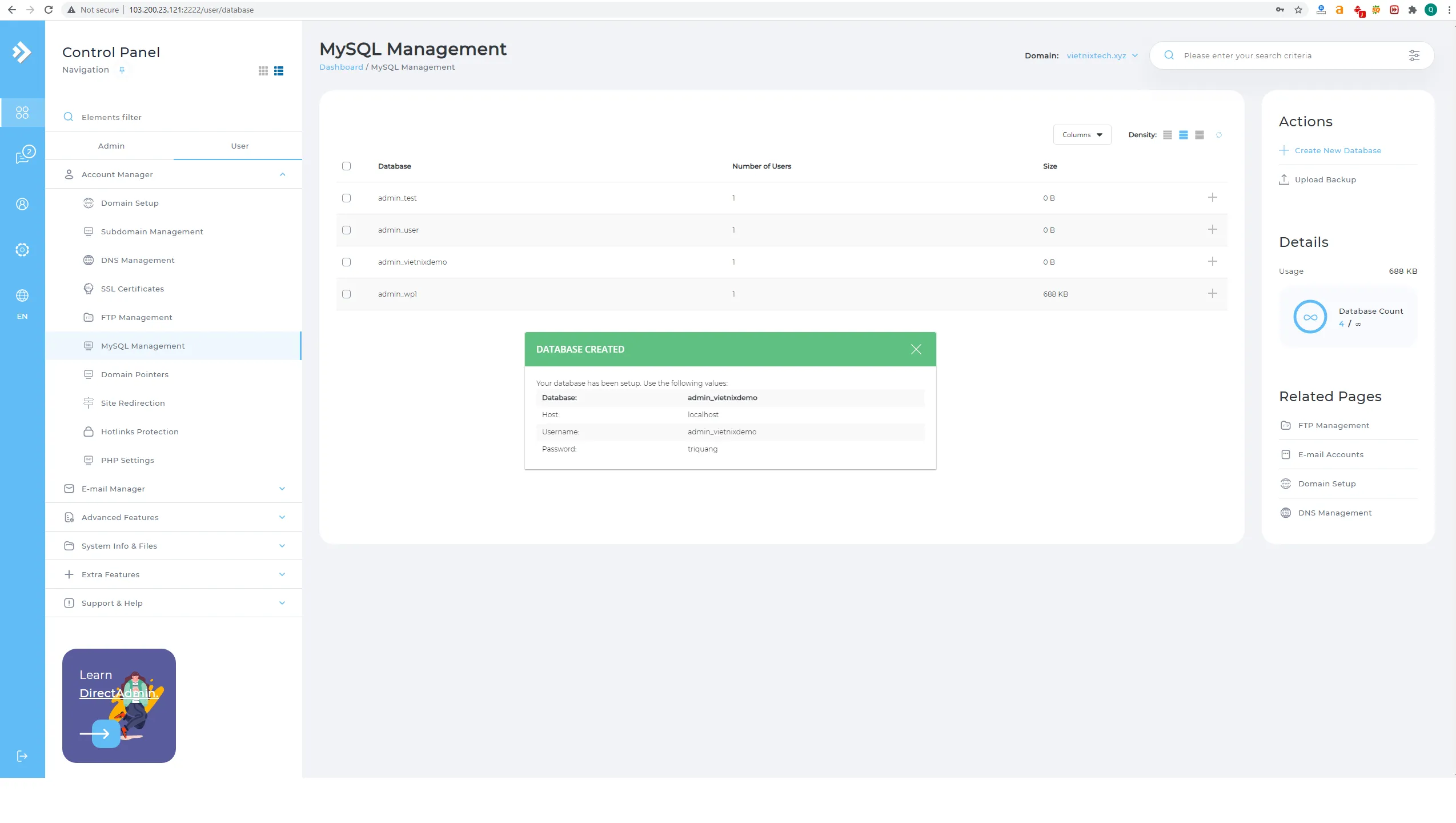 Nhấp vào nút Create Database