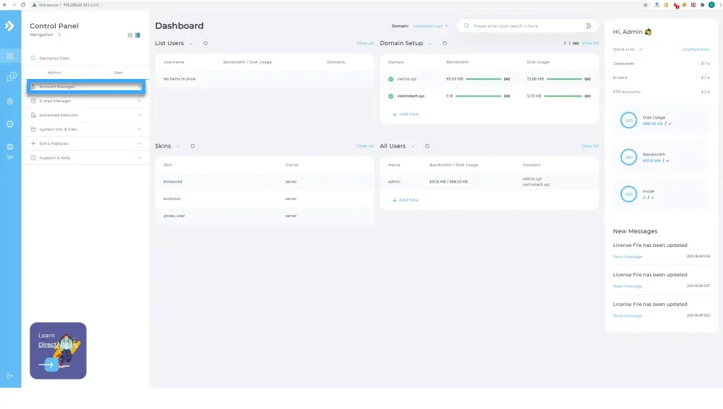 Mục quản trị chính của Control Panel