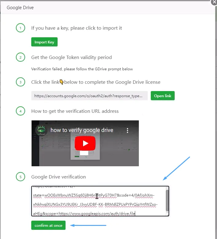 3 bước backup dữ liệu website lên Google Drive trong aaPanel 30 Sao chép liên kết vào ô xác thực