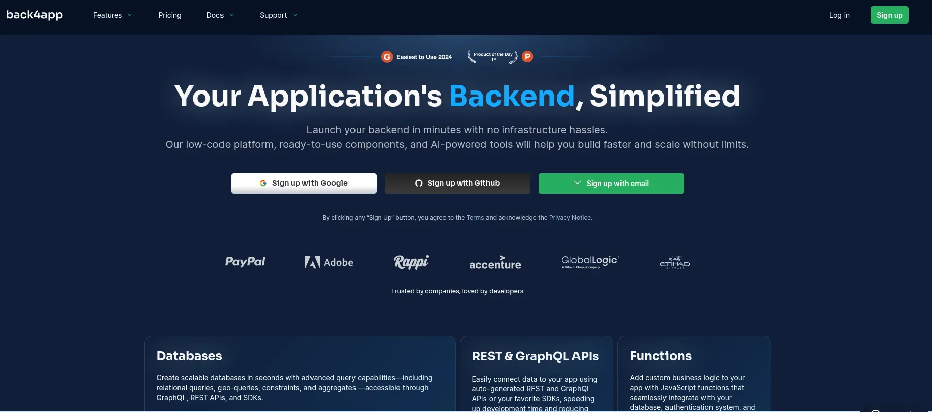 Giao diện website của Back4App
