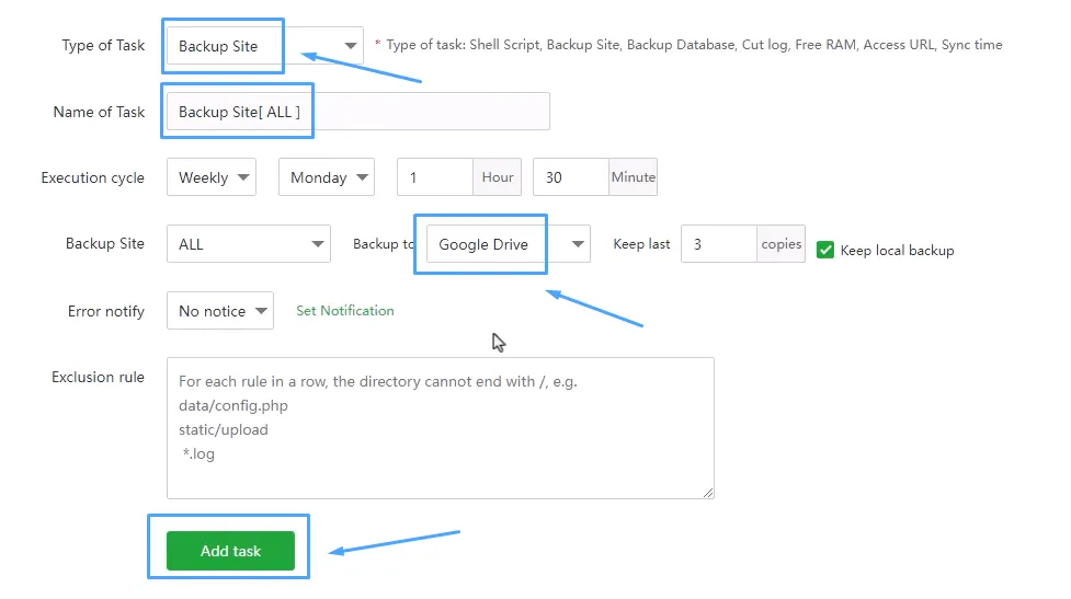 3 bước backup dữ liệu website lên Google Drive trong aaPanel 32 Tạo cron sao lưu vào Google Drive