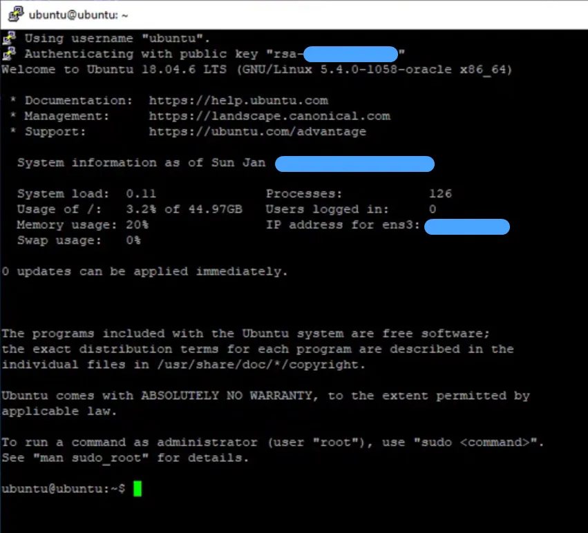 Giới thiệu Ubuntu Server 18.04 - Cài đặt nâng cấp Ubuntu Server 18.04 LTS 98 Giao diện CLI của VPS Ubuntu kết nối bằng SSH thành công