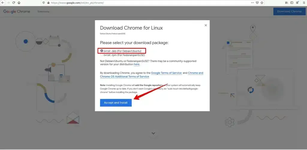 Hướng dẫn cài Chrome trên Ubuntu qua 2 cách đơn giản 14 Chọn "Accept and Install" để bắt đầu quá trình tải xuống máy tính