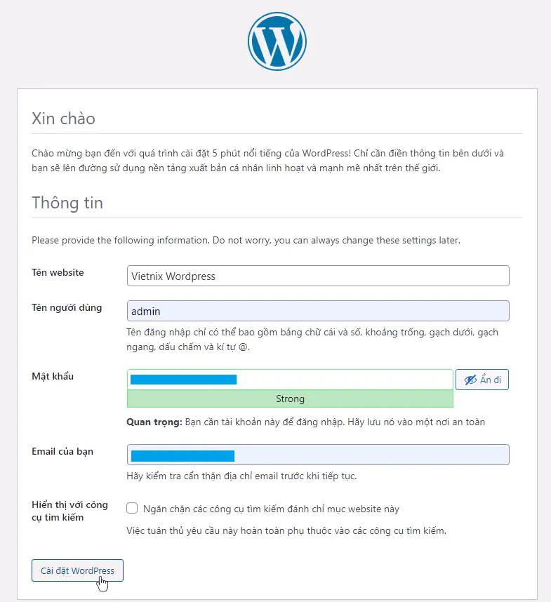 4 bước cài đặt thủ công Wordpress trên aaPanel 40 Khai báo thông tin tài khoản WordPress