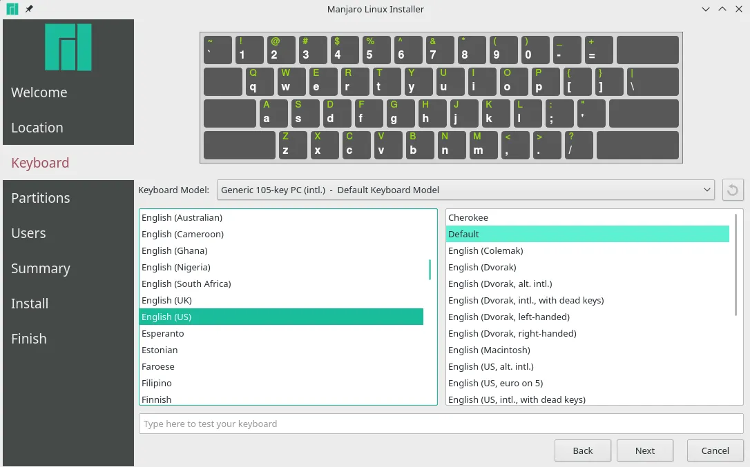 Hướng dẫn cài đặt Manjaro Linux cho PC 28 Chọn kiểu bàn phím sử dụng