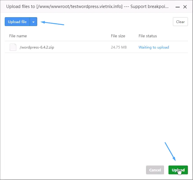 4 bước cài đặt thủ công Wordpress trên aaPanel 32 Upload file mã nguồn cho website mới