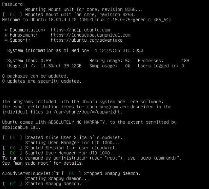 Giới thiệu Ubuntu Server 18.04 - Cài đặt nâng cấp Ubuntu Server 18.04 LTS 66 Bước 14: Đăng nhập vào máy chủ