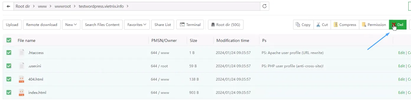 4 bước cài đặt thủ công Wordpress trên aaPanel 30 Xoá bỏ các file không cần thiết