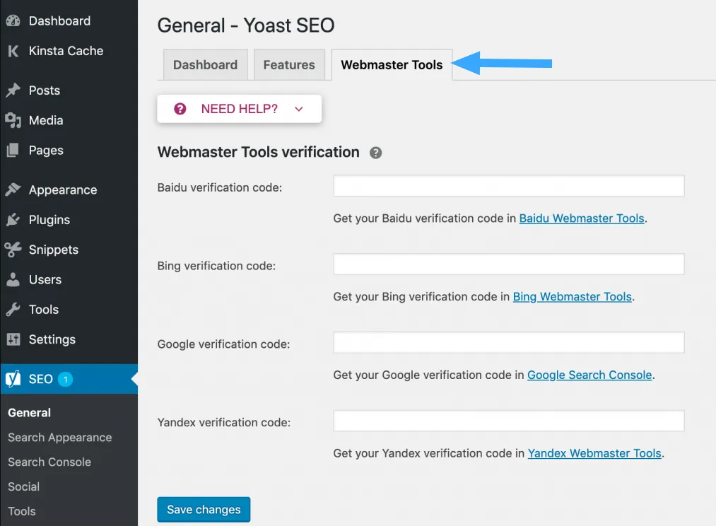 Yoast SEO là gì? Cách cài đặt và hướng dẫn sử dụng Yoast SEO cho người mới 74 Chọn tab Webmaster Tools