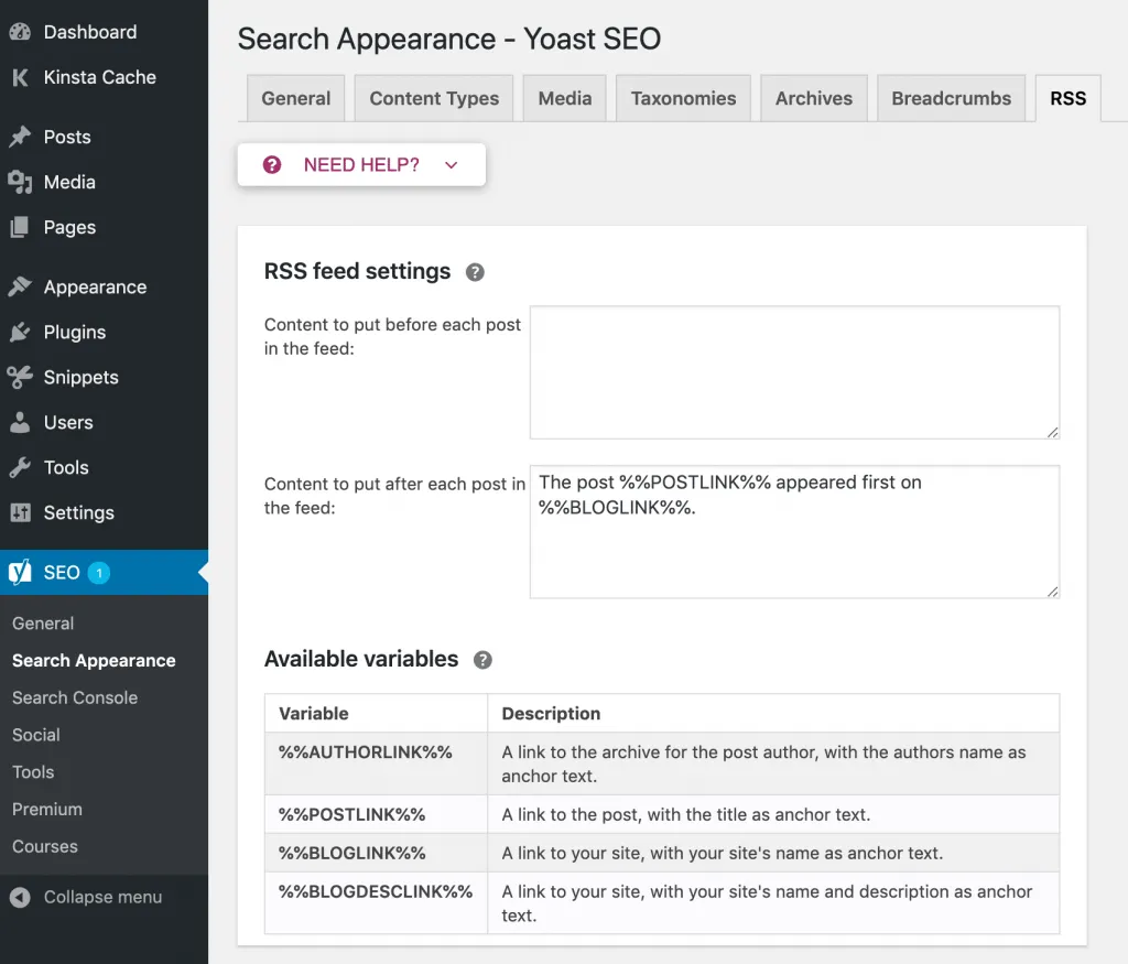 Yoast SEO là gì? Cách cài đặt và hướng dẫn sử dụng Yoast SEO cho người mới 81 Thêm nội dung vào trước hoặc sau nội dung bài đăng trong RSS feed