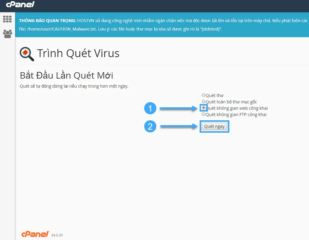 3 cách quét virus trên hosting sử dụng cPanel an toàn, bảo mật 22 Bắt đầu quét virus trong cPanel