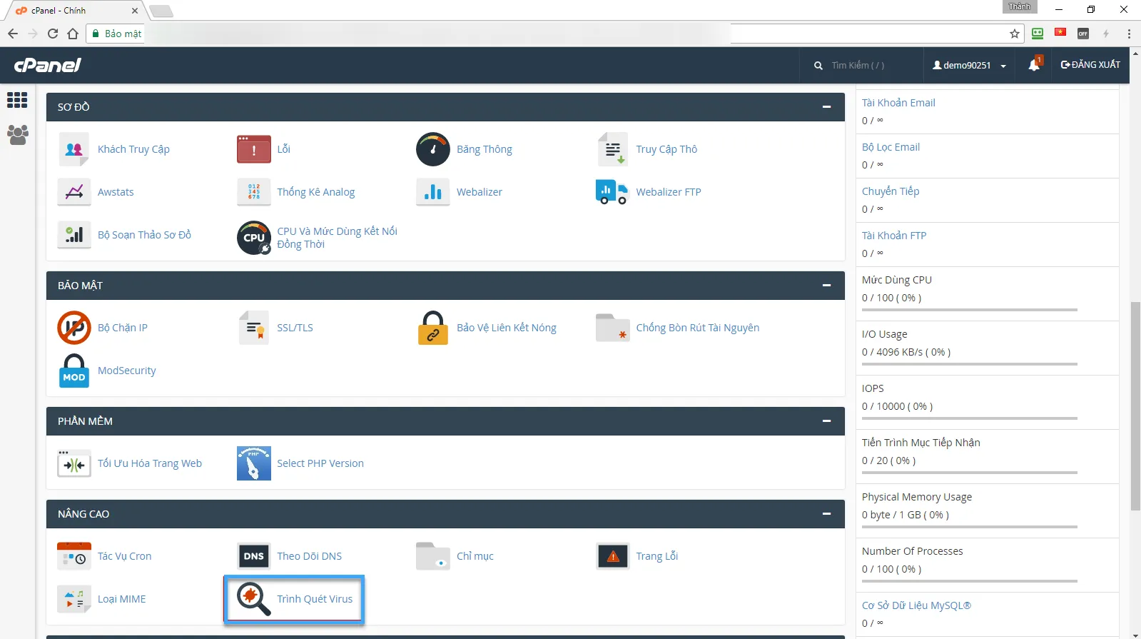 3 cách quét virus trên hosting sử dụng cPanel an toàn, bảo mật 21 Giao diện chính của cPanel chọn Trình quét Virus
