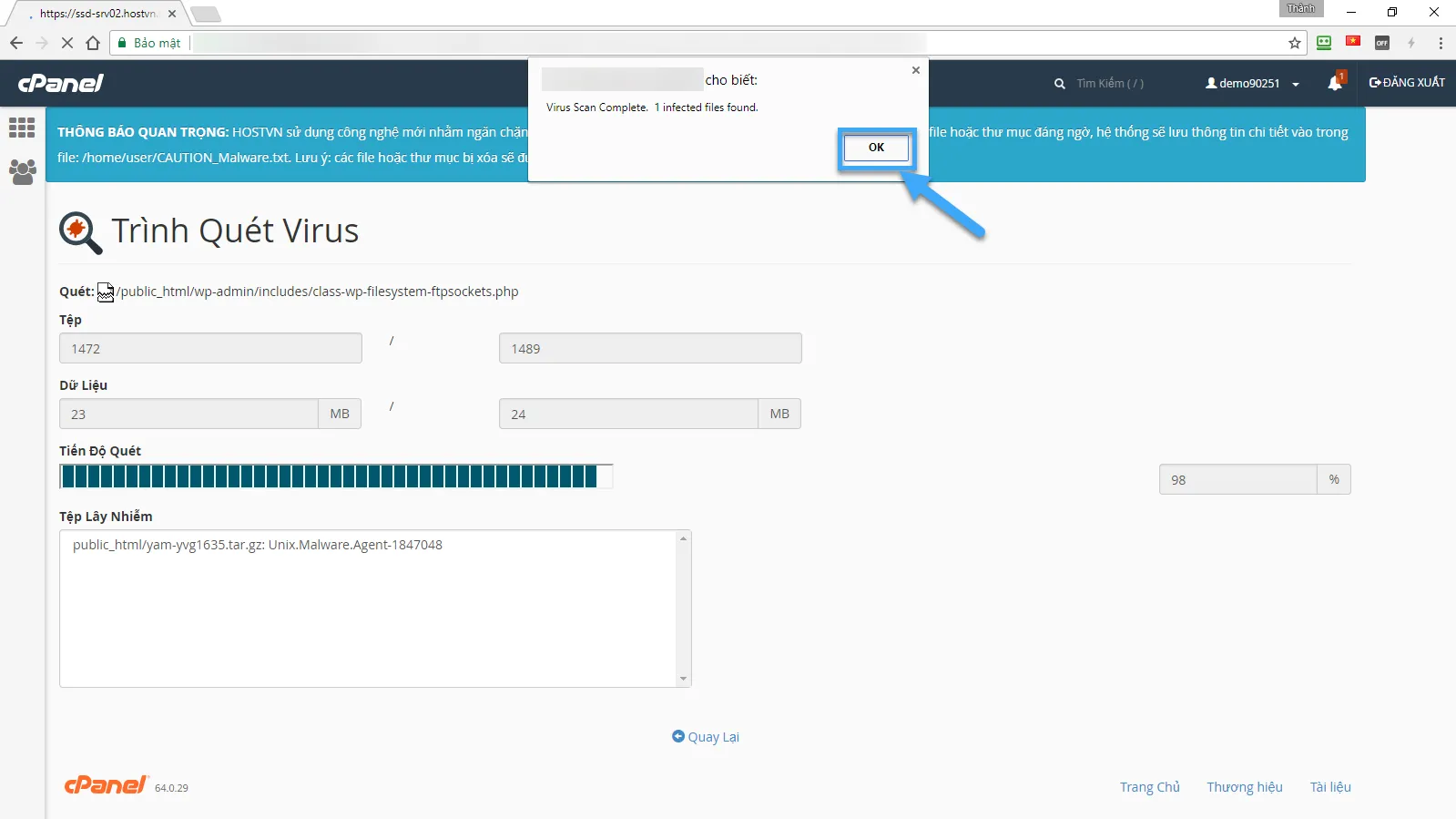 3 cách quét virus trên hosting sử dụng cPanel an toàn, bảo mật 23 Thông báo phát hiện tệp bị nhiễm virus trong cPanel