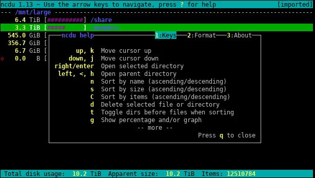 Cách cài đặt ncdu để kiểm tra dung lượng ổ cứng trên VPS/server nhanh chóng 16 Xem chi tiết lệnh và bấm q nếu muốn thoát chương trình