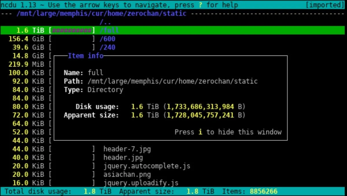 Cách cài đặt ncdu để kiểm tra dung lượng ổ cứng trên VPS/server nhanh chóng 15 Di chuyển lên xuống để chọn thư mục và bấm i để xem chi tiết