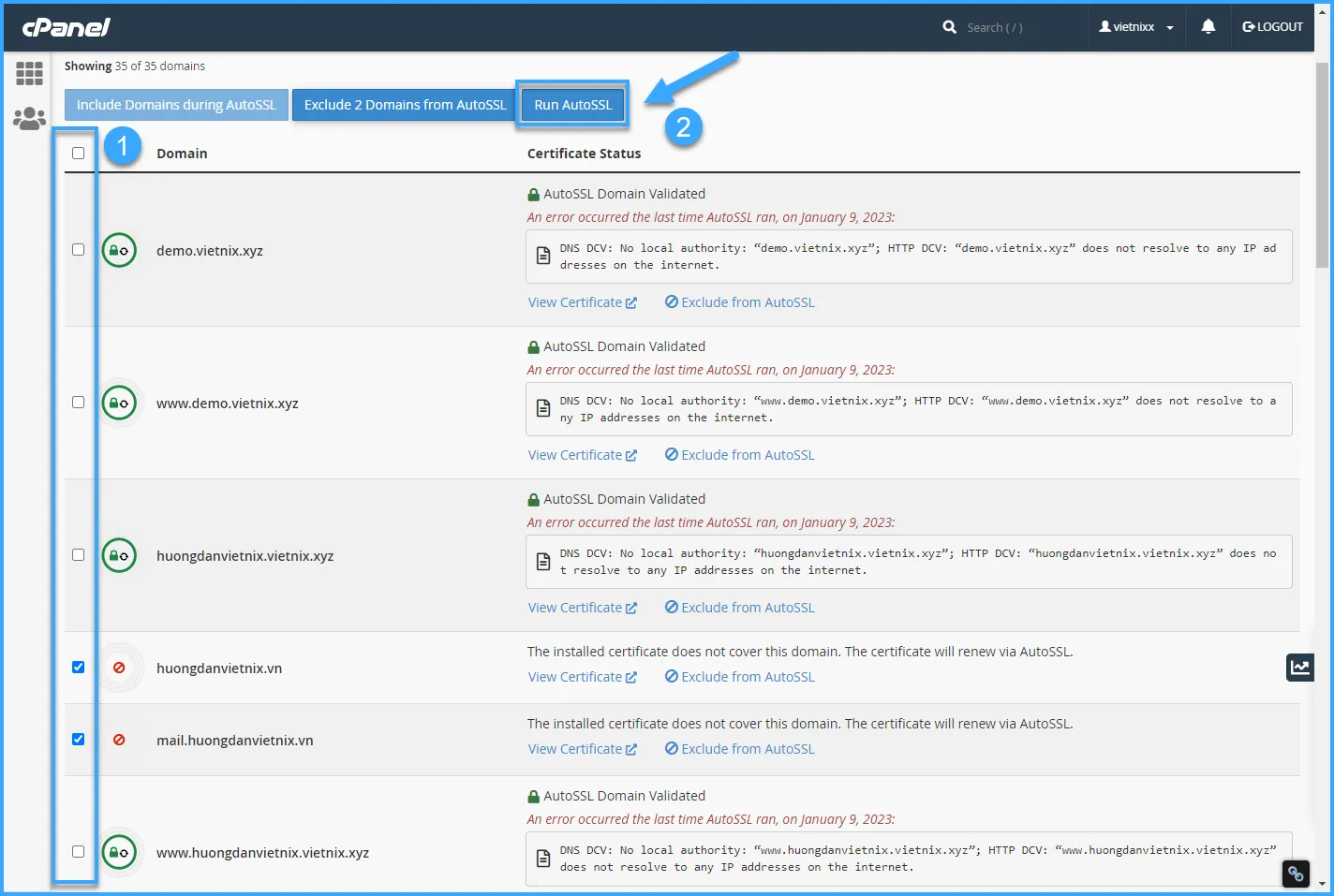 Hướng dẫn cài SSL trên hosting cPanel nhanh chóng và chi tiết nhất (Miễn phí và trả phí) 31 Chọn những tên miền cần cài SSL sau đó chọn Run AutoSSL