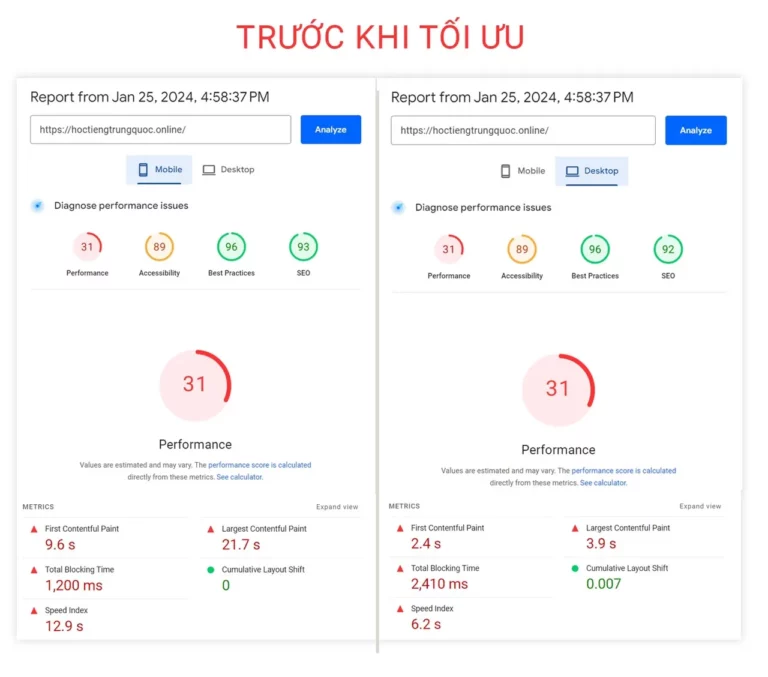 Trước khi tối ưu tốc độ