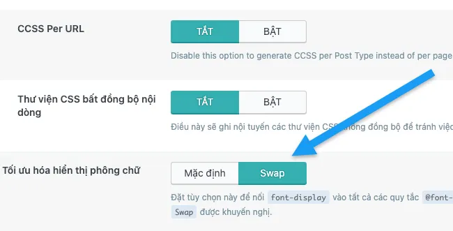Case Study Tối Ưu Mỹ Thuật Tino - Tăng Tốc & Chuyển Đổi 6 Bật Swap ở phần Tối ưu hóa hiển thị phông chữ