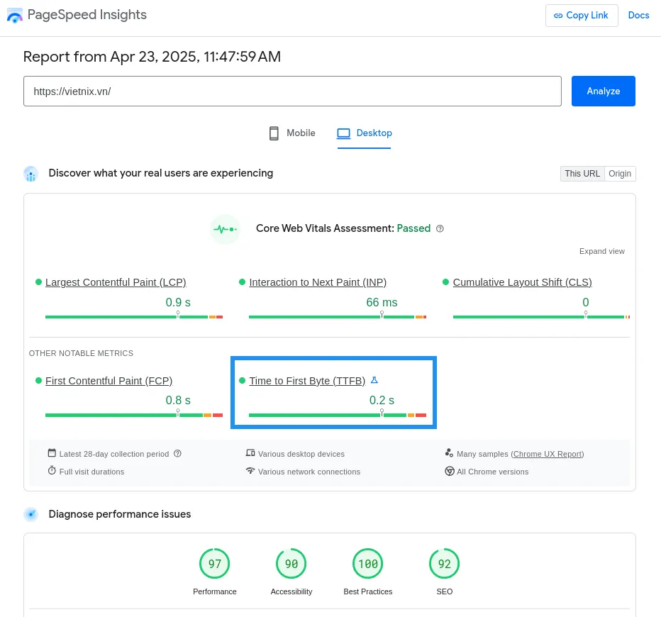 TTFB là gì? Cách tối ưu Time To First Byte giúp website WordPress tải nhanh hơn 33 Kết quả sau khi kiểm tra tốc độ web trên GG Speed Insight