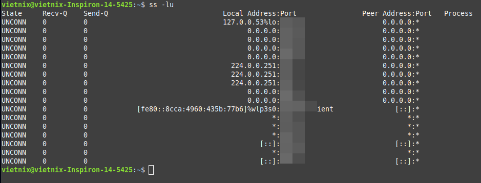 Liệt kê các socket UDP đang lắng nghe