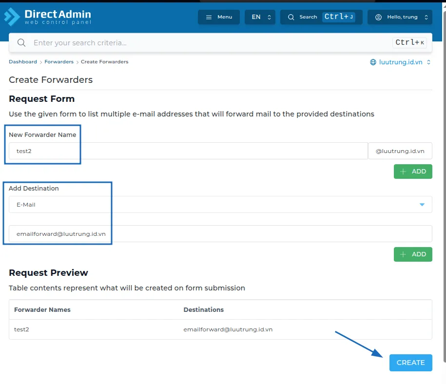 Hướng dẫn cấu hình email chuyển tiếp trên DirectAdmin nhanh chóng 20 Bước 2: Cấu hình email forwarder