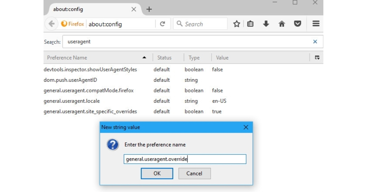 User Agent là gì? Cách xem, đổi User Agent và tối ưu cho website 43 Một cửa sổ nhỏ sẽ hiện ra, yêu cầu bạn đặt tên. Hãy nhập chính xác general.useragent.override rồi nhấn OK