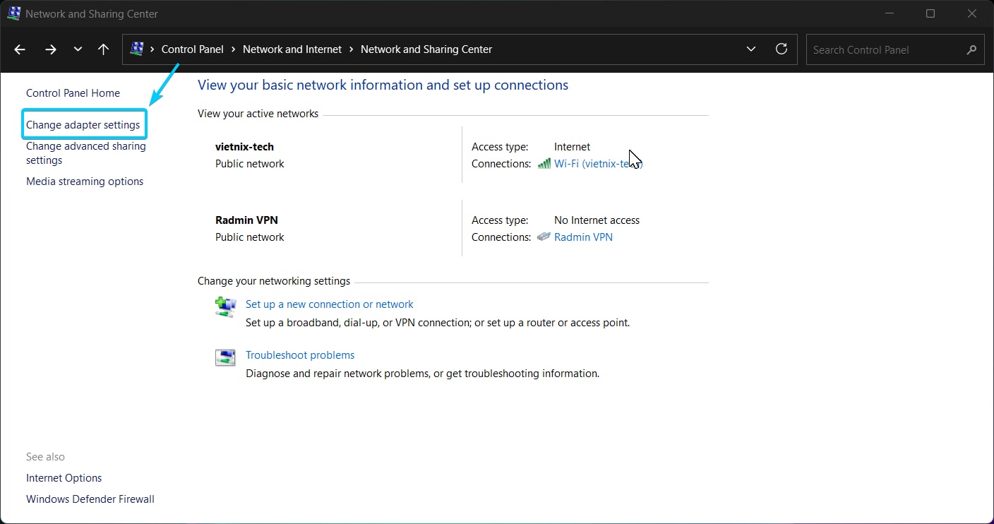 Chọn Change adapter settings