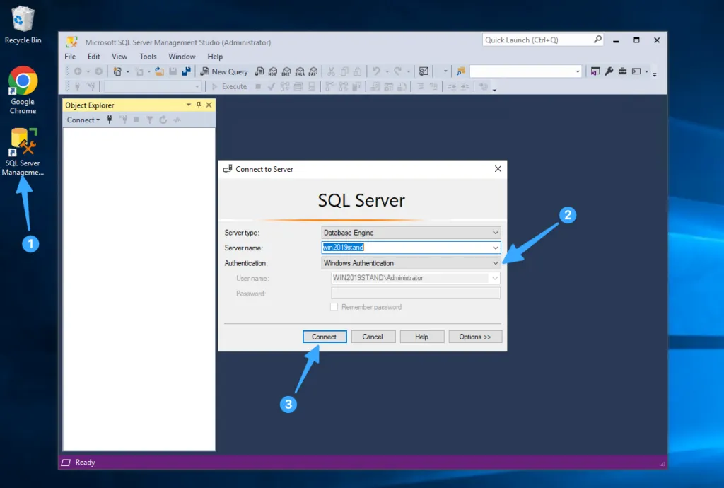 Màn hình kết nối SSMS với Windows Authentication